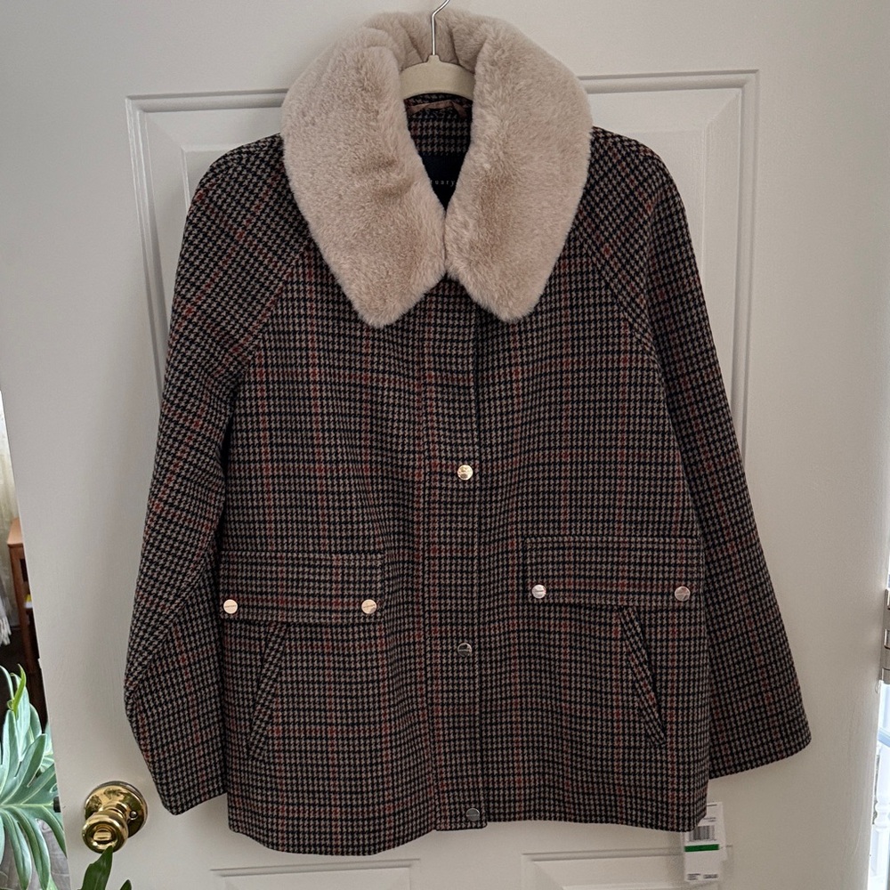 Sanctuary Houndstooth Plaid Coat with Faux Fur Collar - Size Large - NEW